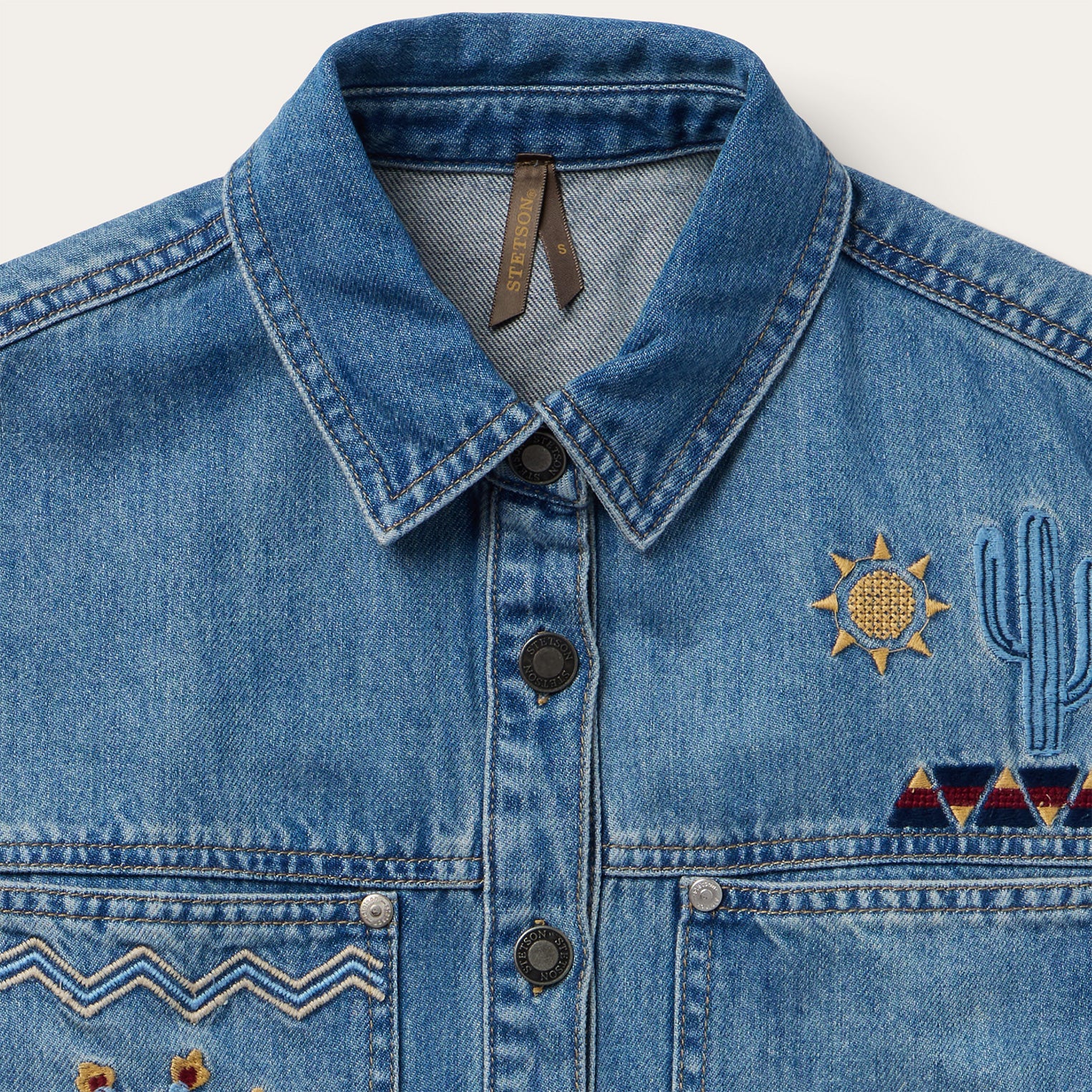 Embroidered Denim Button-Up Cropped Shirt - Image 6