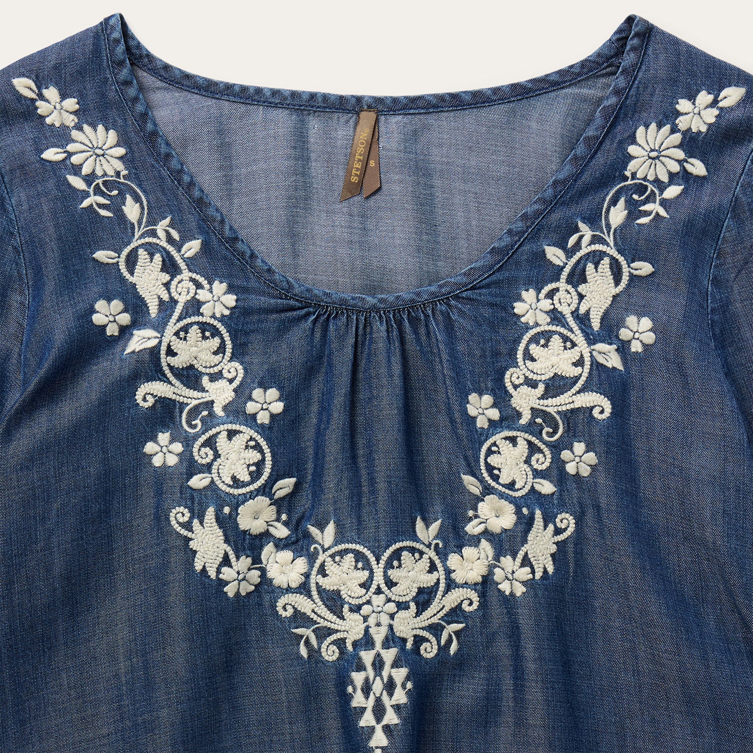 Embroidered Denim Peasant Blouse - Image 3