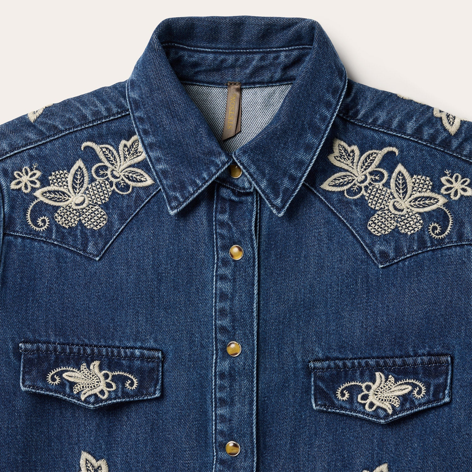 Floral Embroidered Dark Denim Shirt - Image 5