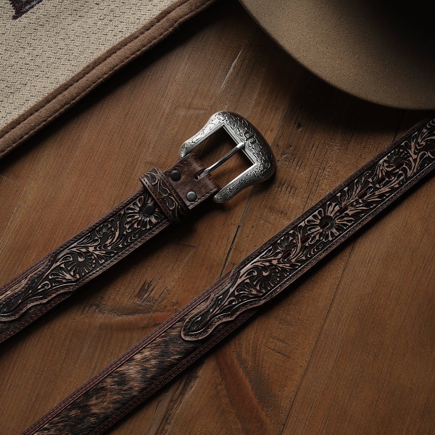 Hair-on-Hide Tooled Tab Belt - Image 3